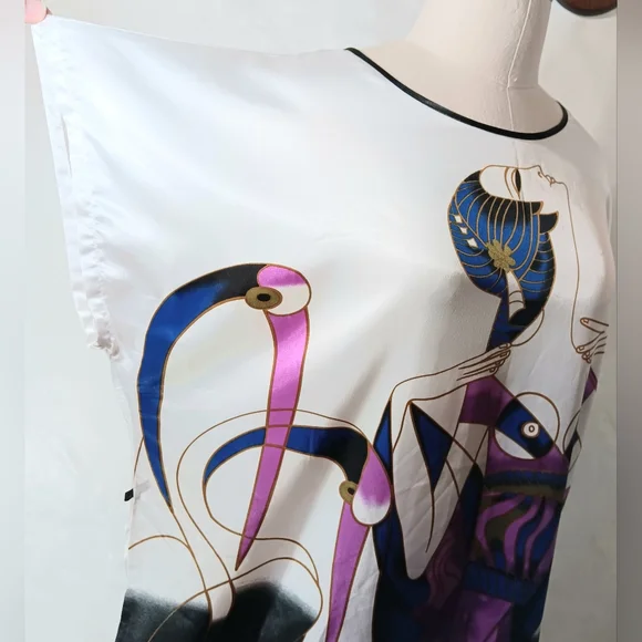 Art Nouveau satin cranes tunic dress. Medium. Ya Ye Er Si. - Picture 12 of 16